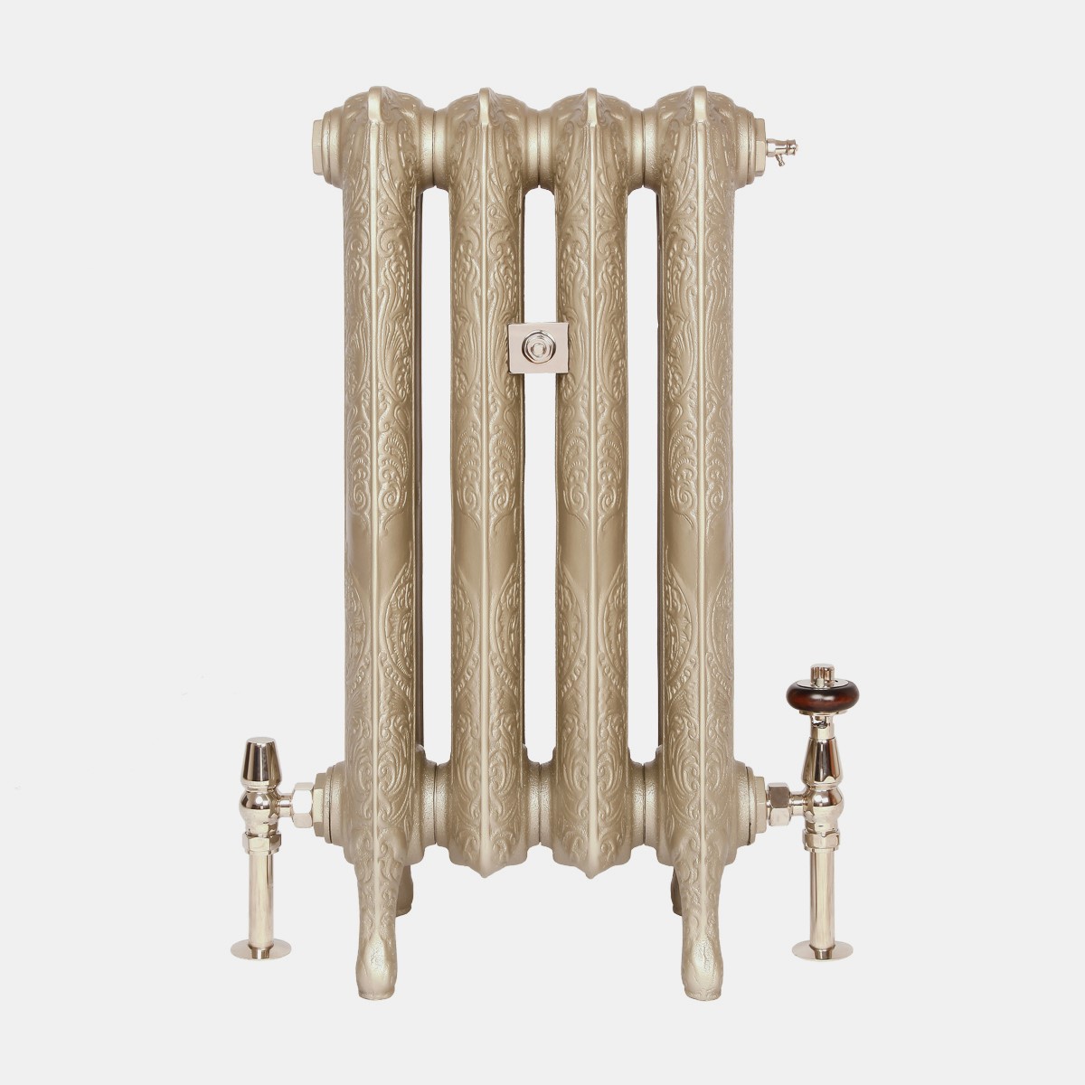 Rococo II 660mm cast iron bay window radiator in aged gold finish